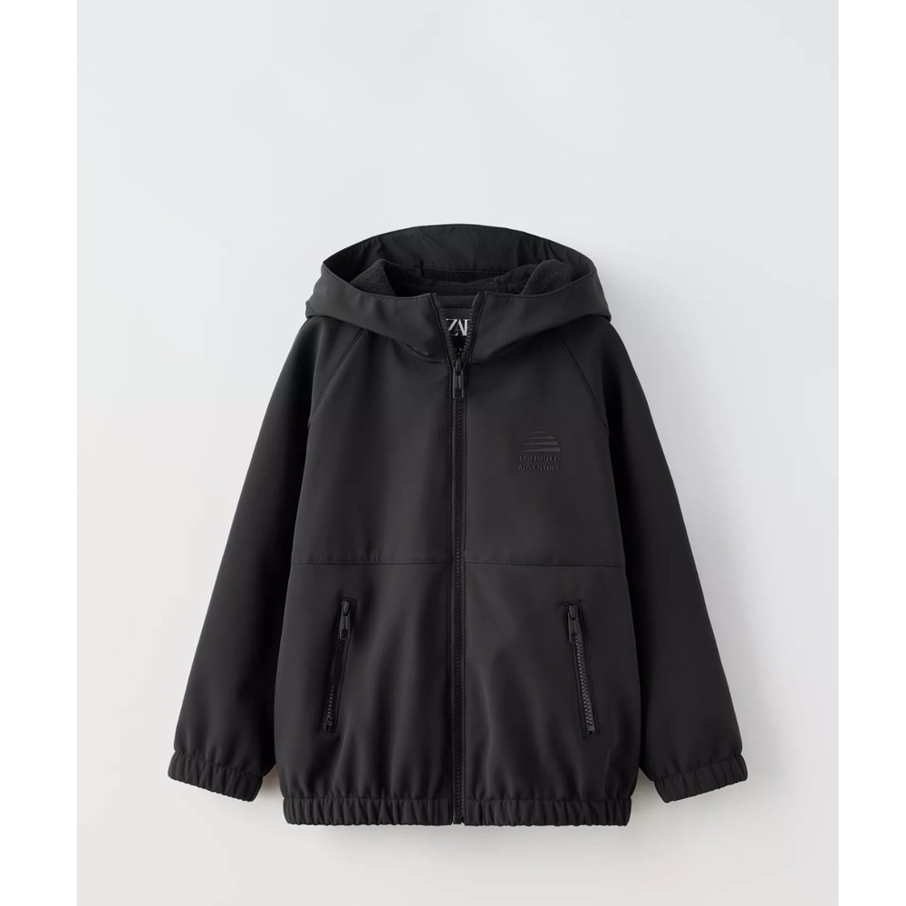 Zara Boys Black Hooded Raincoat Soft Shell‎ Jacket 9 10 Fleece Lined Techwear